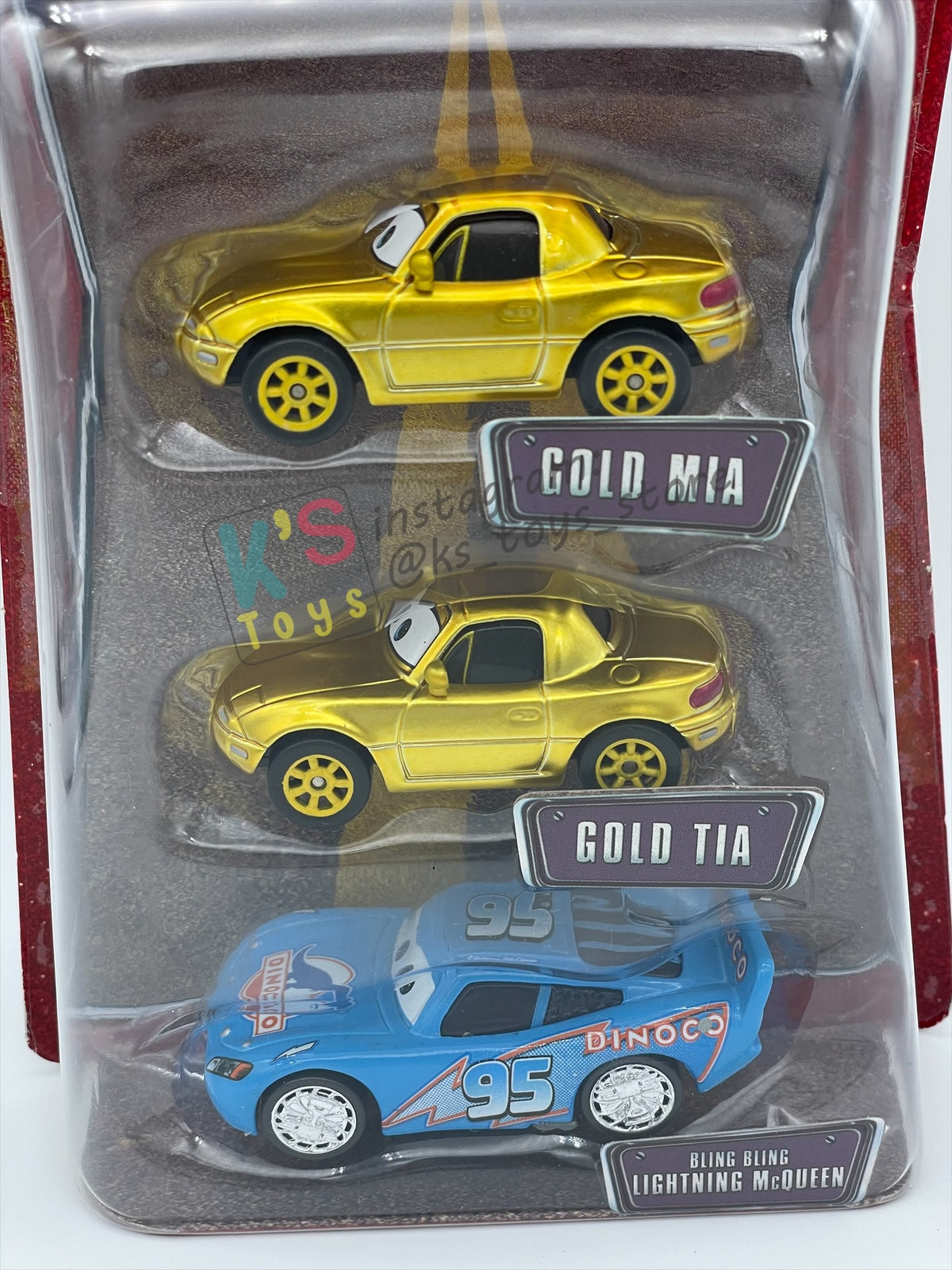 DISNEY PIXAR CARS 3 PACK DINOCO DREAM GIFT PACK "GOLD MIA, GOLD TIA, AND BLING BLING LIGHTNING MCQUEEN"  - BNIP - READ DESCRIPTION!!!!!