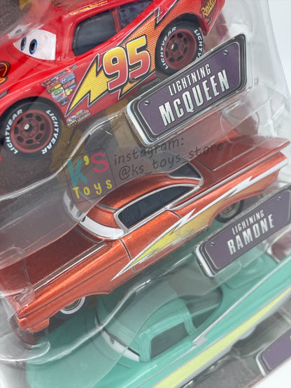 DISNEY PIXAR CARS 3 PACK LIGHTNING MCQUEEN'S CREW GIFT PACK "LIGHTNING MCQUEEN, LIGHTNING RAMONE AND FLO"  - BNIP - READ DESCRIPTION!!!