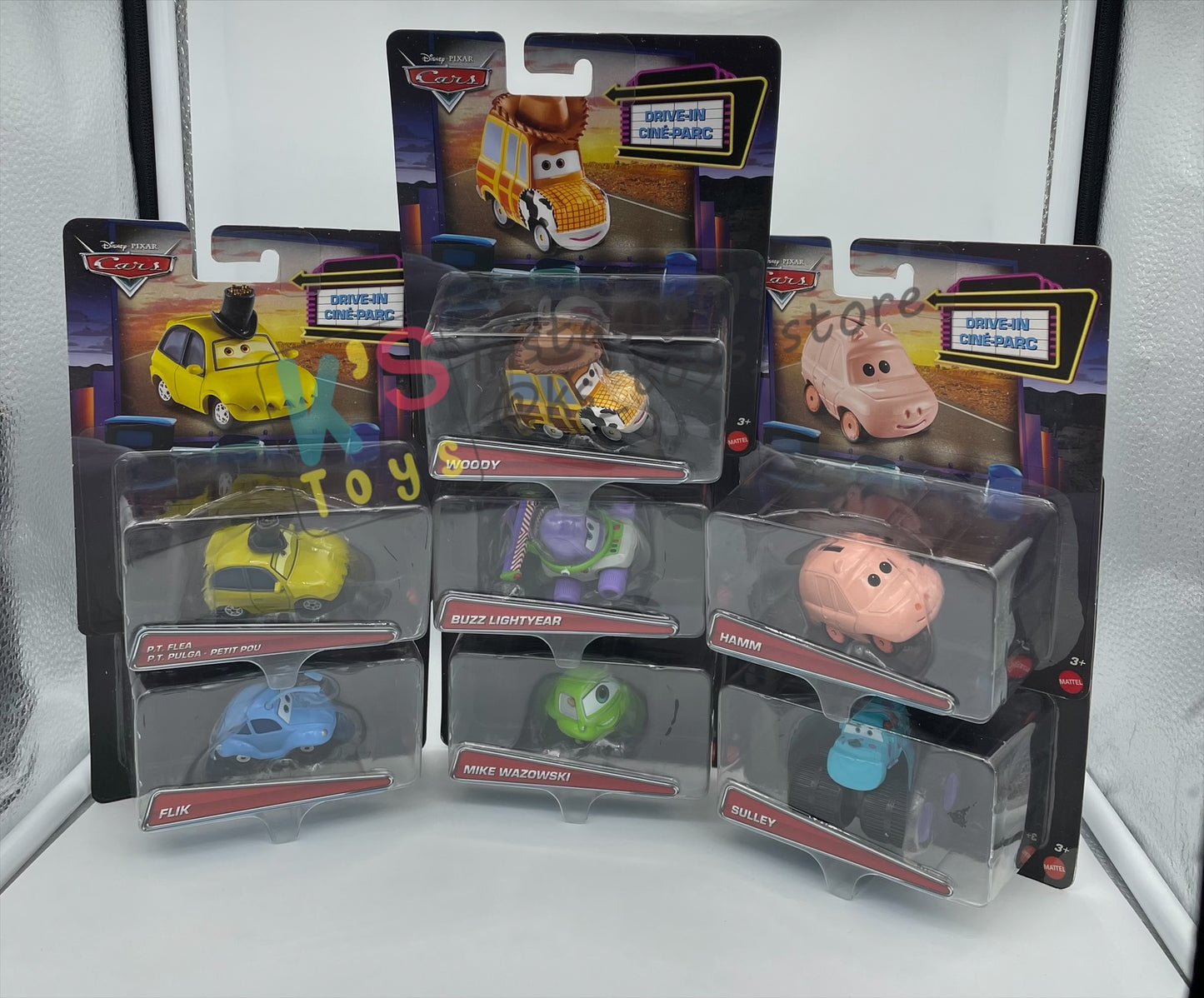 Complete Set of DRIVE-IN Series Disney Pixar Cars by Mattel 1:55 - WOODY, BUZZ, SULLEY, MIKE, FLIK, P.T. PLEA AND HAMM - BNIP