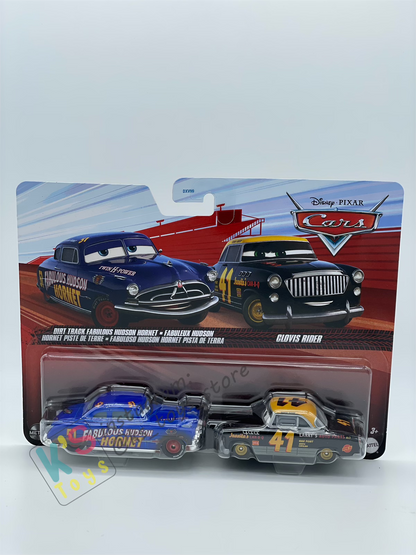 Disney Pixar Cars 1:55 by Mattel 2-Pack DIRT TRACK FABULOUS HUDSON HORNET AND CLOVIS RIDER - 2025 RELEASE - BNIP