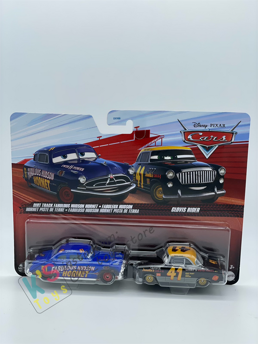 Disney Pixar Cars 1:55 by Mattel 2-Pack DIRT TRACK FABULOUS HUDSON HORNET AND CLOVIS RIDER - 2025 RELEASE - BNIP