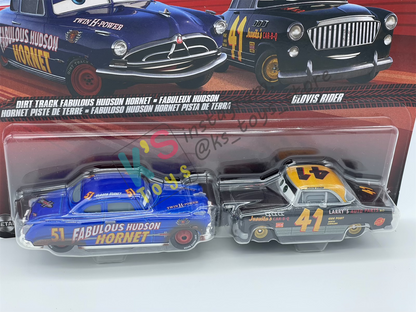 Disney Pixar Cars 1:55 by Mattel 2-Pack DIRT TRACK FABULOUS HUDSON HORNET AND CLOVIS RIDER - 2025 RELEASE - BNIP