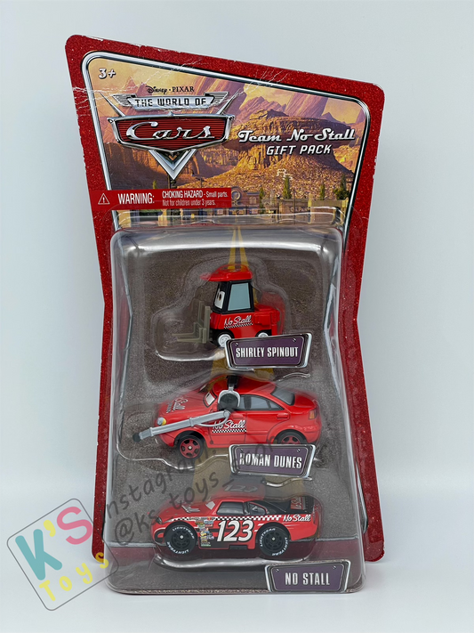 DISNEY PIXAR CARS 3 PACK TEAM NO STALL GIFT PACK "SHIRLEY SPINOUT, ROMAN DUNES, AND NO STALL"  - BNIP