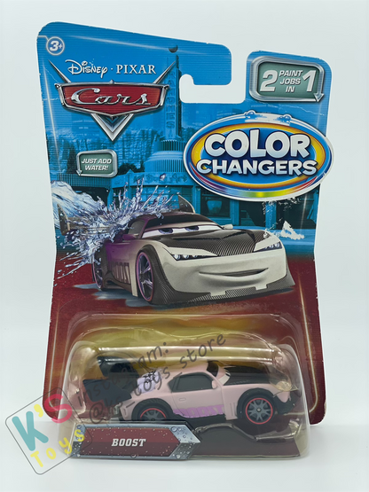 COLOR CHANGERS Disney Pixar Cars by MATTEL, BOOST (PURPLE/WHITE) - 2 PAINT JOBS IN 1 - BNIP