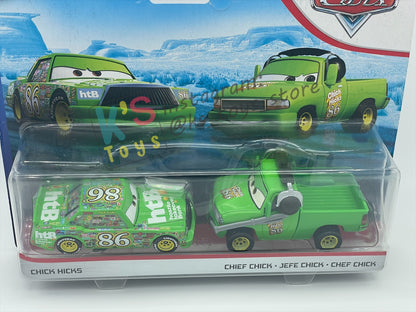 Disney Pixar Cars 1:55 by Mattel 2-Pack Cars 2, "CHICK HICKS AND CHIEF CHICK" - BNIP
