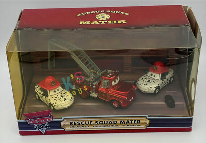 DISNEY PIXAR CARS 1:55 BY MATTEL - EXCLUSIVE SDCC 2009 CARS TOON RESCUE SQUAD MATER 3-PACK GIFT SET "RESCUE SQUAD MATER, DALMATIAN MIA AND DALMATIAN TIA" - BNIB *CRACKED BLISTER