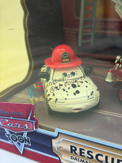 DISNEY PIXAR CARS 1:55 BY MATTEL - EXCLUSIVE SDCC 2009 CARS TOON RESCUE SQUAD MATER 3-PACK GIFT SET "RESCUE SQUAD MATER, DALMATIAN MIA AND DALMATIAN TIA" - BNIB *CRACKED BLISTER