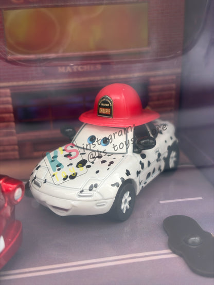 DISNEY PIXAR CARS 1:55 BY MATTEL - EXCLUSIVE SDCC 2009 CARS TOON RESCUE SQUAD MATER 3-PACK GIFT SET "RESCUE SQUAD MATER, DALMATIAN MIA AND DALMATIAN TIA" - BNIB *CRACKED BLISTER