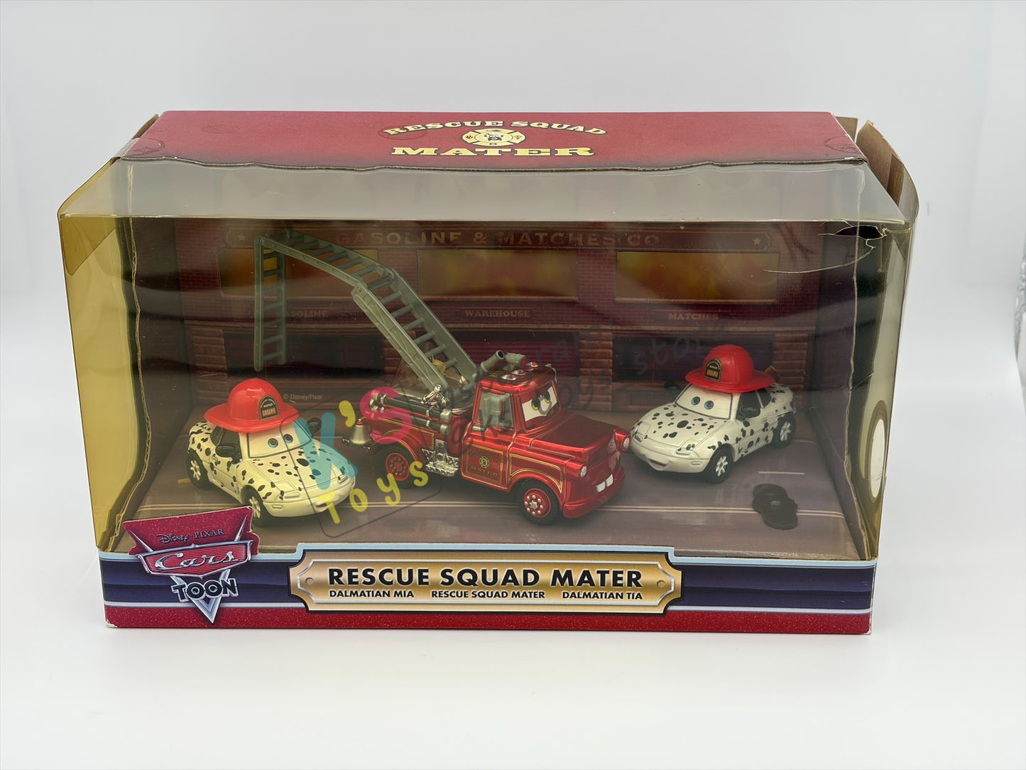 DISNEY PIXAR CARS 1:55 BY MATTEL - EXCLUSIVE SDCC 2009 CARS TOON RESCUE SQUAD MATER 3-PACK GIFT SET "RESCUE SQUAD MATER, DALMATIAN MIA AND DALMATIAN TIA" - BNIB *CRACKED BLISTER