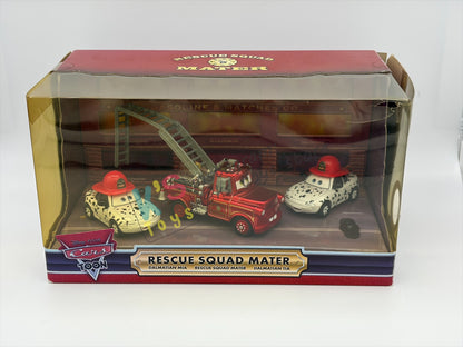 DISNEY PIXAR CARS 1:55 BY MATTEL - EXCLUSIVE SDCC 2009 CARS TOON RESCUE SQUAD MATER 3-PACK GIFT SET "RESCUE SQUAD MATER, DALMATIAN MIA AND DALMATIAN TIA" - BNIB *CRACKED BLISTER