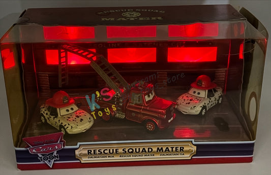 DISNEY PIXAR CARS 1:55 BY MATTEL - EXCLUSIVE SDCC 2009 CARS TOON RESCUE SQUAD MATER 3-PACK GIFT SET "RESCUE SQUAD MATER, DALMATIAN MIA AND DALMATIAN TIA" - BNIB *CRACKED BLISTER