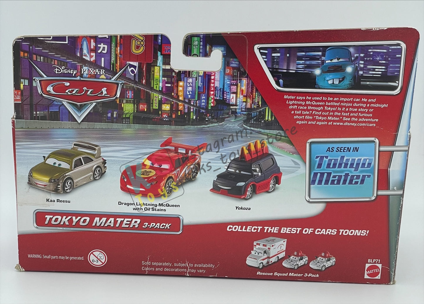 DISNEY PIXAR CARS 1:55 BY MATTEL - EXCLUSIVE WALMART "TOKYO MATER 3-PACK KAA REESU,DRAGON LIGHTNING MCQUEEN WITH OIL STAINS AND YOKOZA" TOKYO MATER SERIES - BNIB