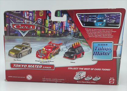 DISNEY PIXAR CARS 1:55 BY MATTEL - EXCLUSIVE WALMART "TOKYO MATER 3-PACK KAA REESU,DRAGON LIGHTNING MCQUEEN WITH OIL STAINS AND YOKOZA" TOKYO MATER SERIES - BNIB