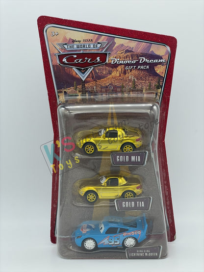 DISNEY PIXAR CARS 3 PACK DINOCO DREAM GIFT PACK "GOLD MIA, GOLD TIA, AND BLING BLING LIGHTNING MCQUEEN (VARIANT)"  - BNIP