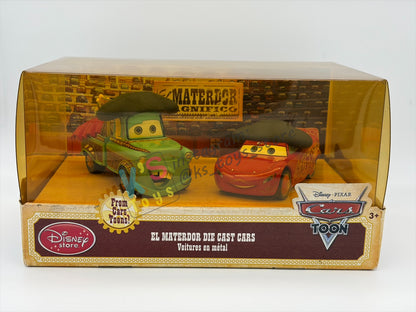 Disney Store Version of Disney Pixar Cars 1:43 - 2 PACK EL MATERDOR CARS TOON SERIES "EL MATERDOR (TOW MATER) AND EL RAYO (LIGHTNING MCQUEEN)" - BNIP