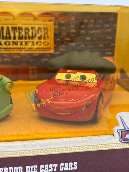 Disney Store Version of Disney Pixar Cars 1:43 - 2 PACK EL MATERDOR CARS TOON SERIES "EL MATERDOR (TOW MATER) AND EL RAYO (LIGHTNING MCQUEEN)" - BNIP