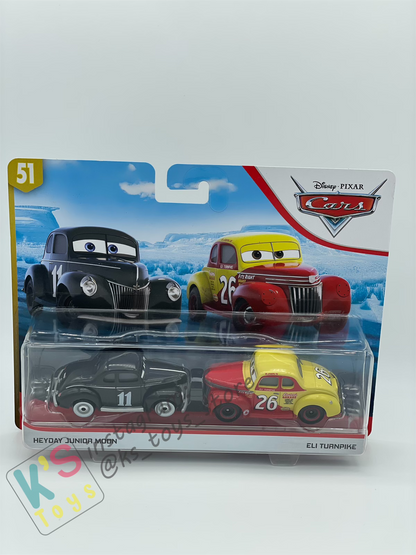 Disney Pixar Cars 1:55 2-Pack Heyday Junior Moon and Eli Turnpike, Doc's Racing Days - BNIP