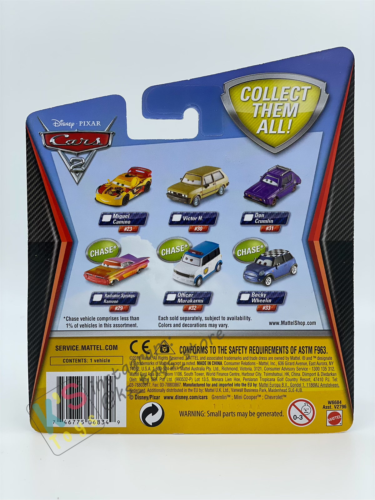DISNEY PIXAR CARS BY MATTEL, DON CRUMLIN (GREEN EYES) - CARS 2 SERIES - BNIP