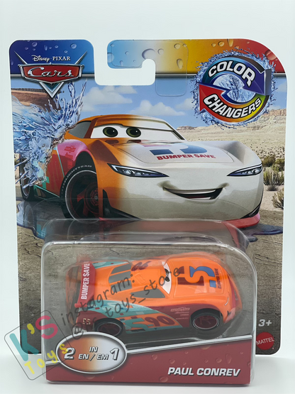 COLOR CHANGERS Disney Pixar Cars by MATTEL, PAUL CONREV (ORANGE/WHITE) - 2023 RELEASE  - BNIP