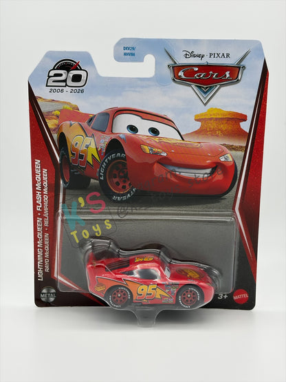 DISNEY PIXAR CARS BY MATTEL 1:55, "LIGHTNING MCQUEEN CARS 1 WITH RUSTEZE STICKER" - 2026 RE-RELEASED 20TH ANNIVERSARY CARD - BNIP