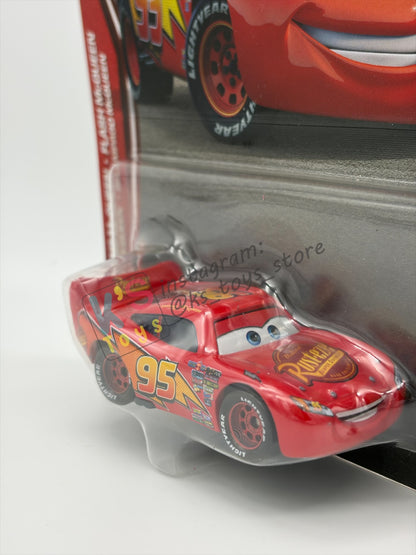 DISNEY PIXAR CARS BY MATTEL 1:55, "LIGHTNING MCQUEEN CARS 1 WITH RUSTEZE STICKER" - 2026 RE-RELEASED 20TH ANNIVERSARY CARD - BNIP