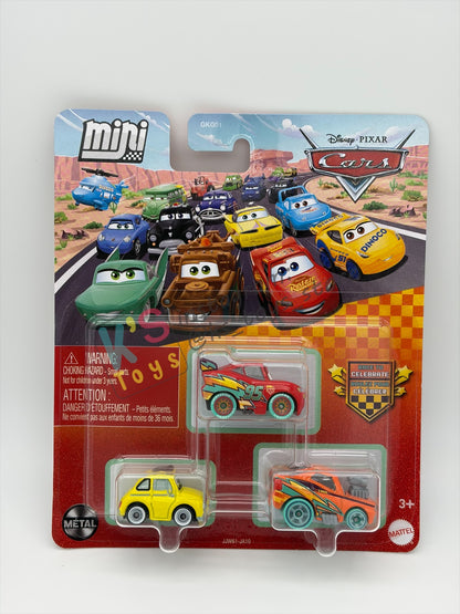 MINI RACERS DISNEY PIXAR CARS 3-PACK "RACE TO CELEBRATE LIGHTNING MCQUEEN / LUGI / RACE TO CELEBRATE SNOT ROD"- 2026 NEW RELEASE - BNIP