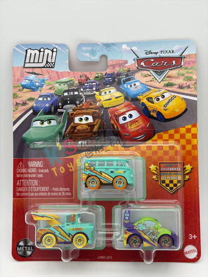 MINI RACERS DISNEY PIXAR CARS 3-PACK RACE TO CELEBRATE SERIES  "FILLMORE / MATER / WINGO"- 2026 NEW RELEASE - BNIP