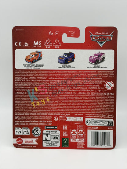 MINI RACERS DISNEY PIXAR CARS 3-PACK RYAN INSIDE LANEY, BARRY DEPEDAL, AND FLIP DOVER - 2026 RE-RELEASED - BNIP