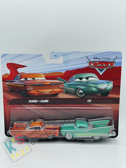 Disney Pixar Cars 1:55 2-Pack by Mattel, NEW PAINT RAMONE and FLO - BNIP