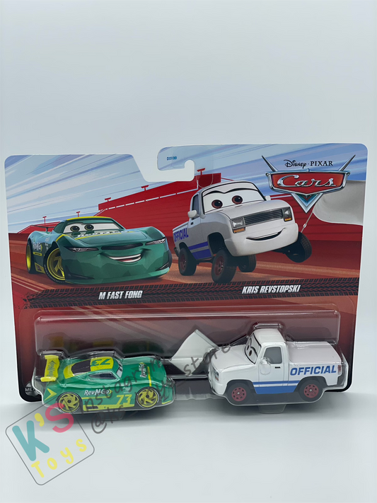 Disney Pixar Cars 1:55 2-Pack by Mattel, N FAST FONG and KRIS REVSTOPSKI with White Flag - BNIP