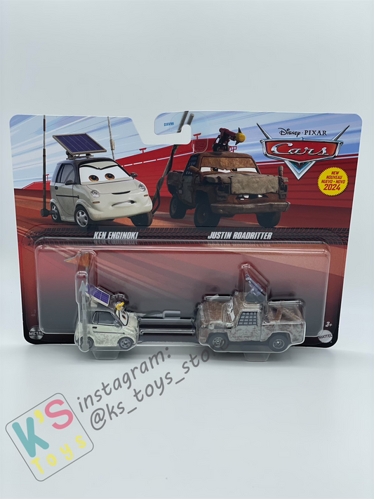 Disney Pixar Cars 1:55 2-Pack by Mattel, KEN ENGINOKI AND JUSTIN ROADRITTER (New Variant) - BNIP