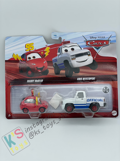 Disney Pixar Cars 1:55 2-Pack MADDY McGEAR and KRIS REVSTOPSKI WITH WHITE FLAG - BNIP