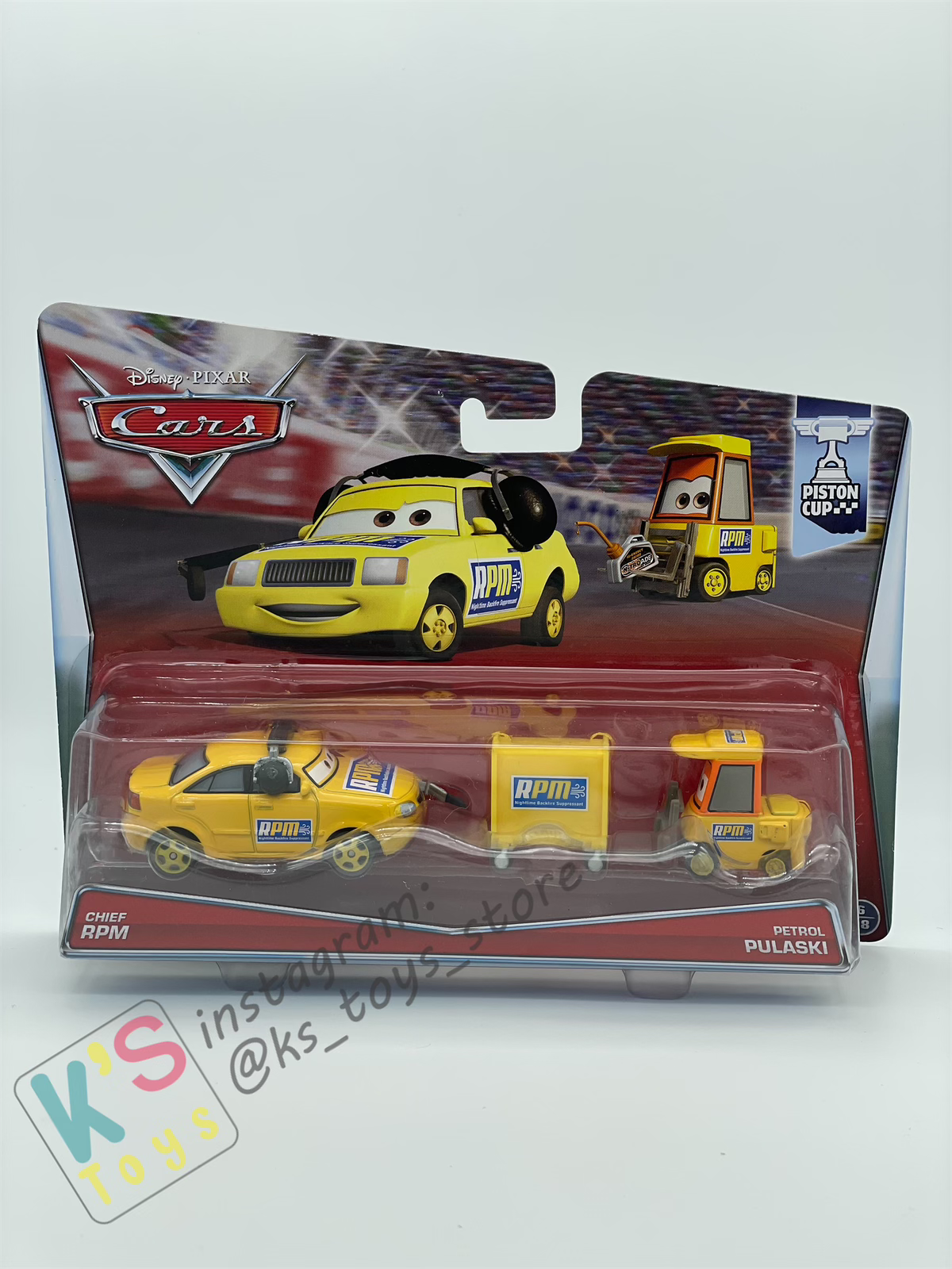 Disney Pixar Cars 1:55 by Mattel 2-Pack Piston Cup, CHIEF RPM AND PETROL PULASKI - BNIP