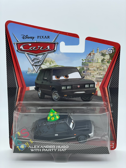 DISNEY PIXAR CARS BY MATTEL, ALEXANDER HUGO WITH PARTY HAT - CARS 2 - BNIP