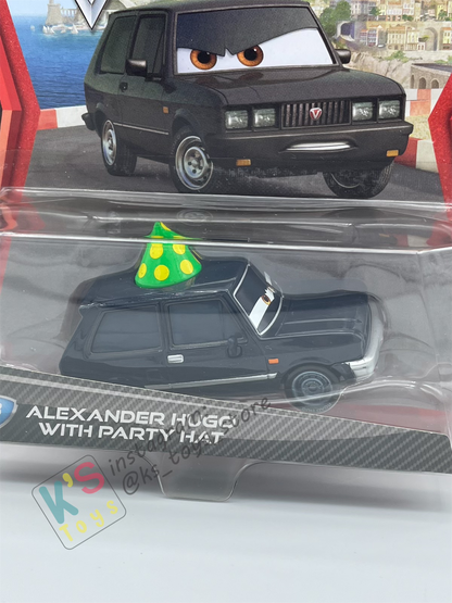 DISNEY PIXAR CARS BY MATTEL, ALEXANDER HUGO WITH PARTY HAT - CARS 2 - BNIP