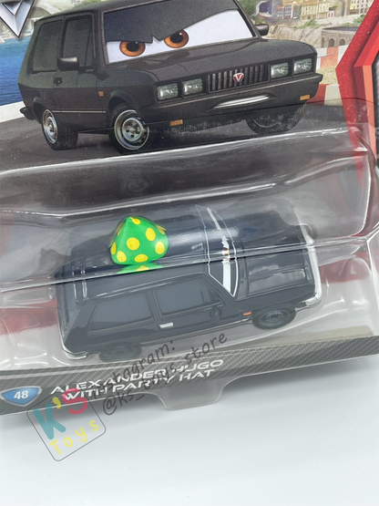 DISNEY PIXAR CARS BY MATTEL, ALEXANDER HUGO WITH PARTY HAT - CARS 2 - BNIP