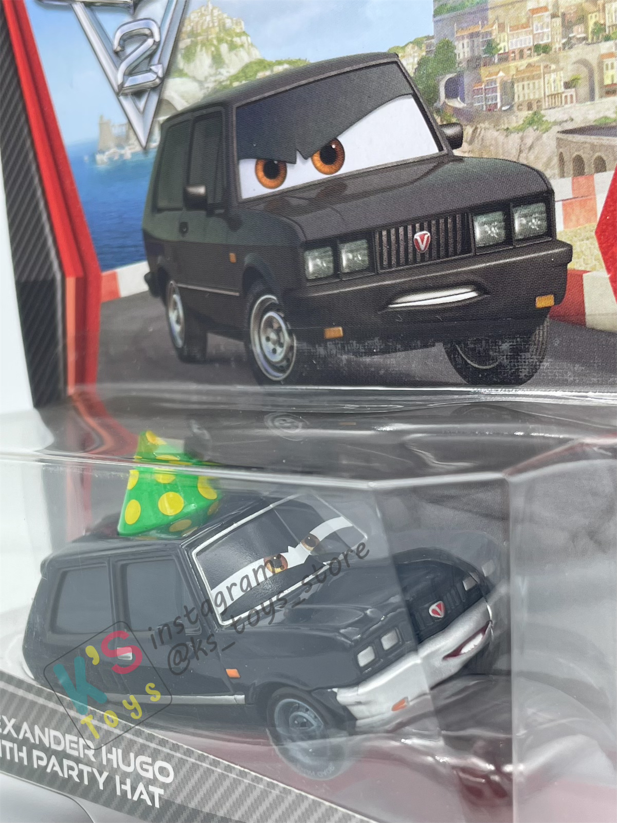 DISNEY PIXAR CARS BY MATTEL, ALEXANDER HUGO WITH PARTY HAT - CARS 2 - BNIP