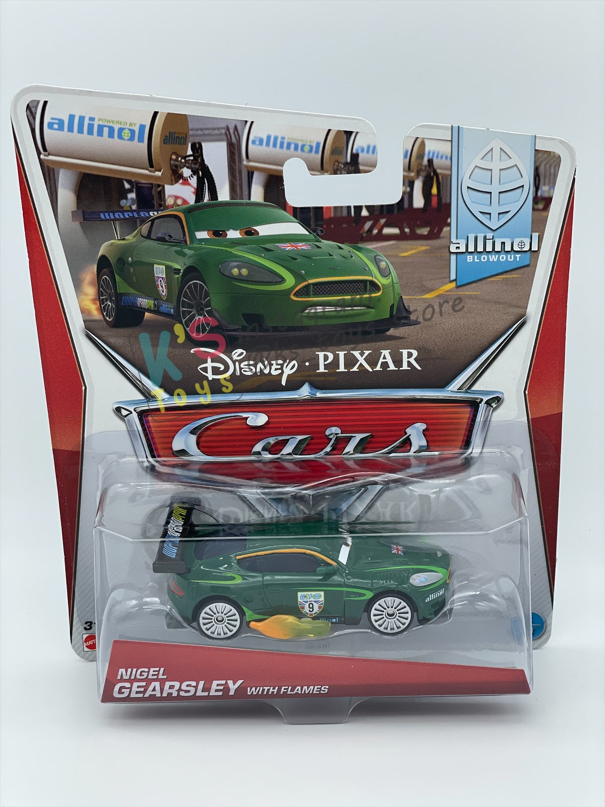 DISNEY PIXAR CARS 1:55 BY MATTEL, "NIGEL GEARSLEY WITH FLAMES" - ALLINOL BLOWOUT SERIES - BNIP