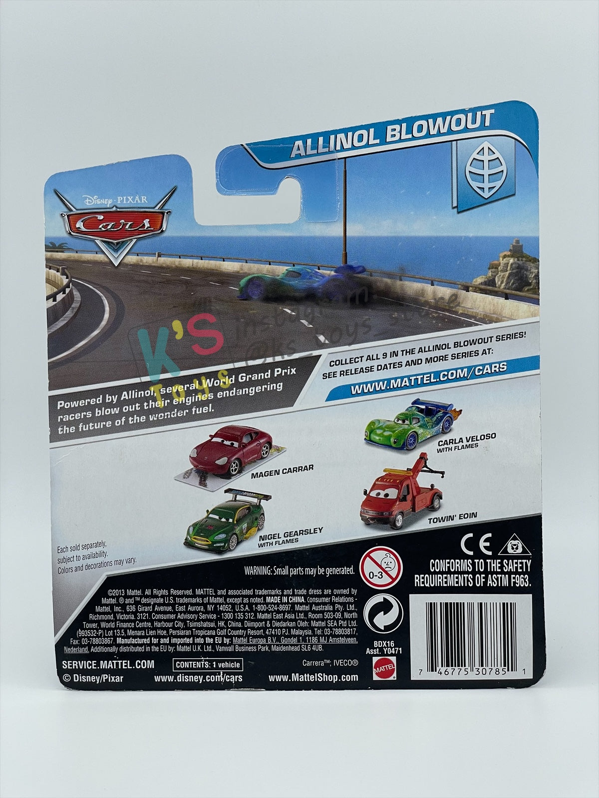 DISNEY PIXAR CARS 1:55 BY MATTEL, "NIGEL GEARSLEY WITH FLAMES" - ALLINOL BLOWOUT SERIES - BNIP