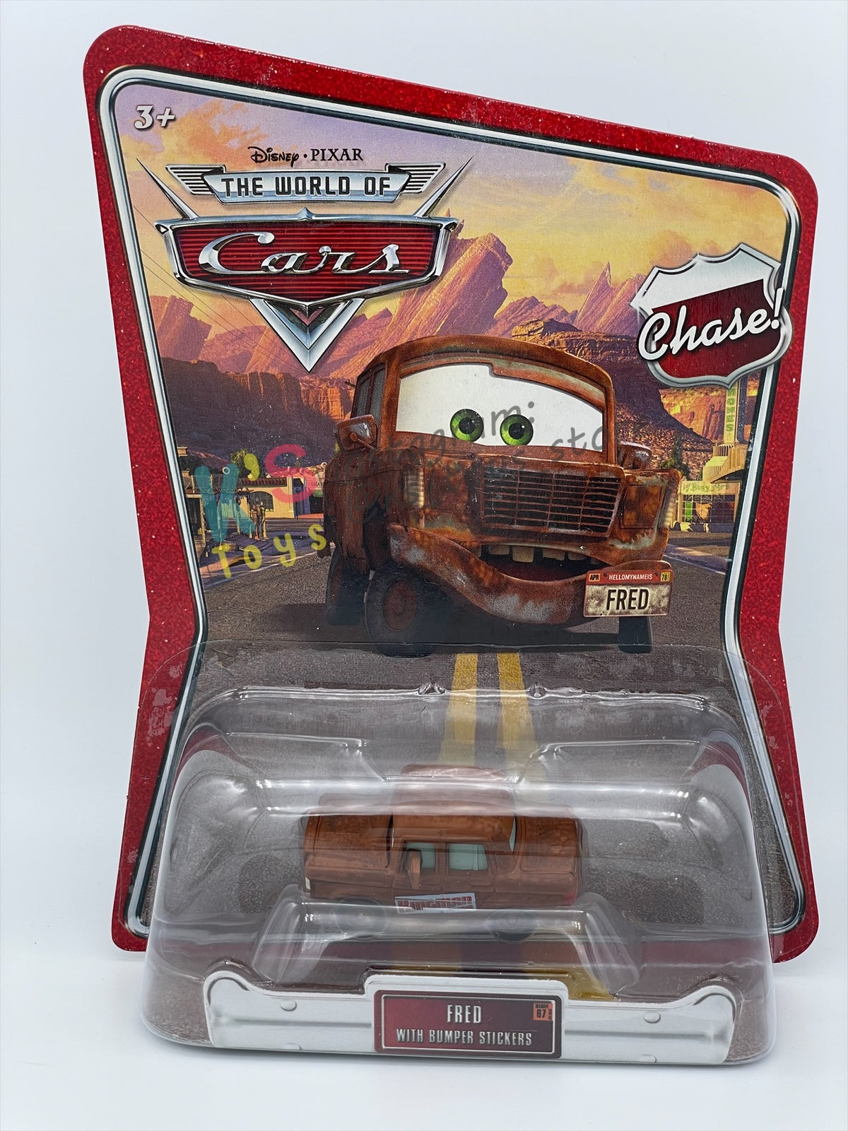 DISNEY PIXAR CARS 1:55 BY MATTEL, "FRED WITH BUMPER STICKERS" - THE WORLD OF CARS SERIES CHASE - BNIP