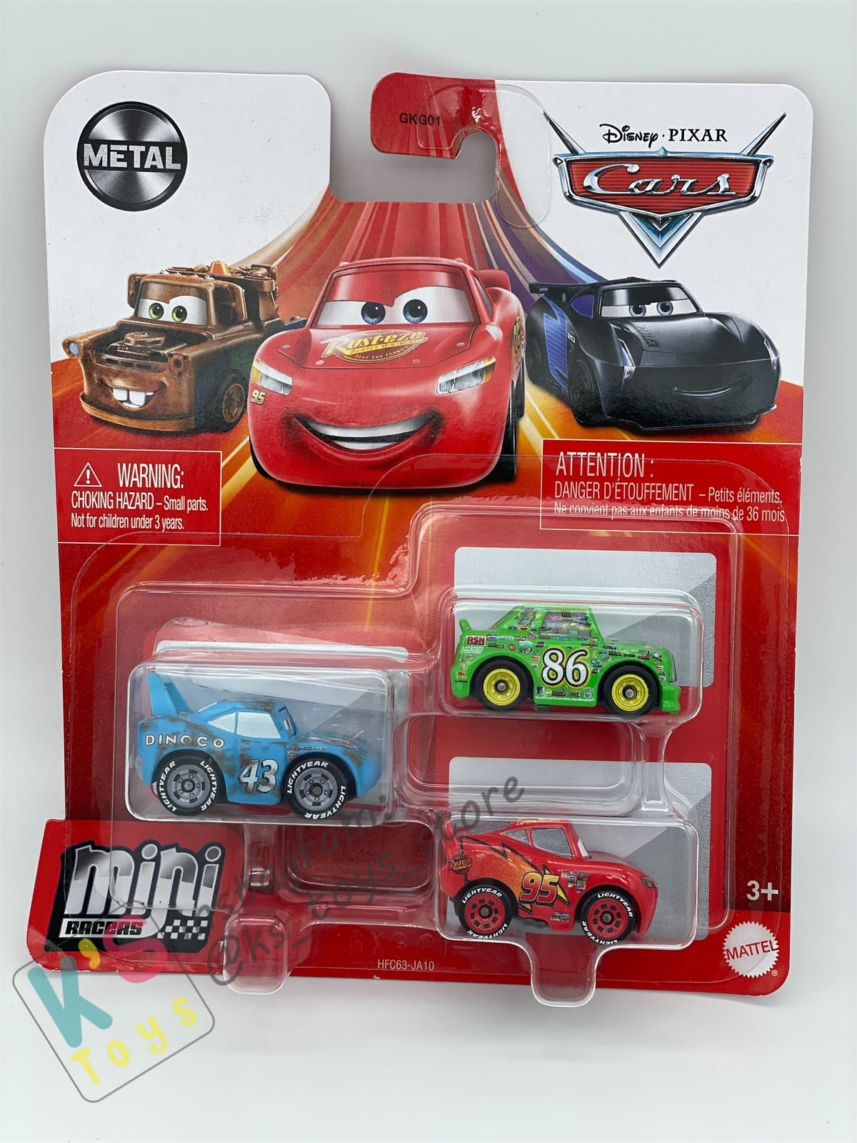 MINI RACERS DISNEY PIXAR CARS 3-PACK DAMAGED KING, LIGHTNING MCQUEEN, AND CHICK HICKS  - BNIP