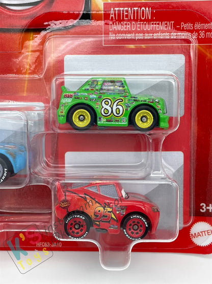 MINI RACERS DISNEY PIXAR CARS 3-PACK DAMAGED KING, LIGHTNING MCQUEEN, AND CHICK HICKS  - BNIP