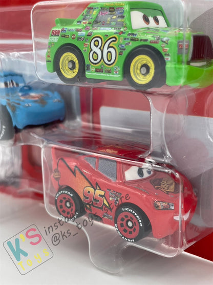 MINI RACERS DISNEY PIXAR CARS 3-PACK DAMAGED KING, LIGHTNING MCQUEEN, AND CHICK HICKS  - BNIP