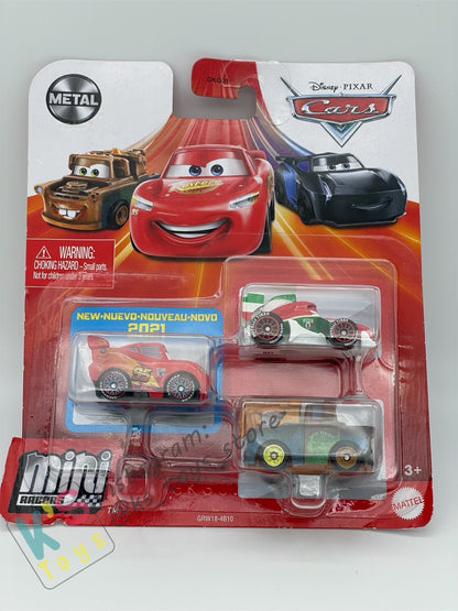 MINI RACERS DISNEY PIXAR CARS 3-PACK LIGHTNING MCQUEEN WITH RACING WHEELS, FRANCESCO, AND MATER - BNIP