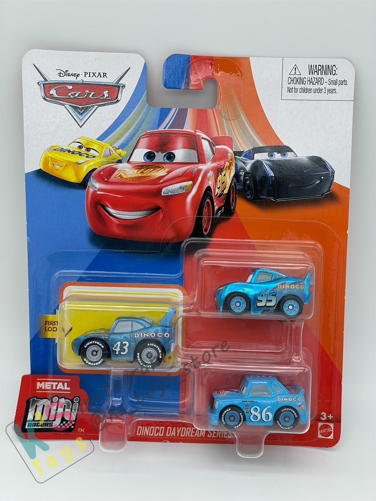 MINI RACERS DISNEY PIXAR CARS 3-PACK METALLIC STRIP WEATHERS "THE KING", METALLIC DINOCO LIGHTNING MCQUEEN, AND DINOCO CHICK HICKS - BNIP