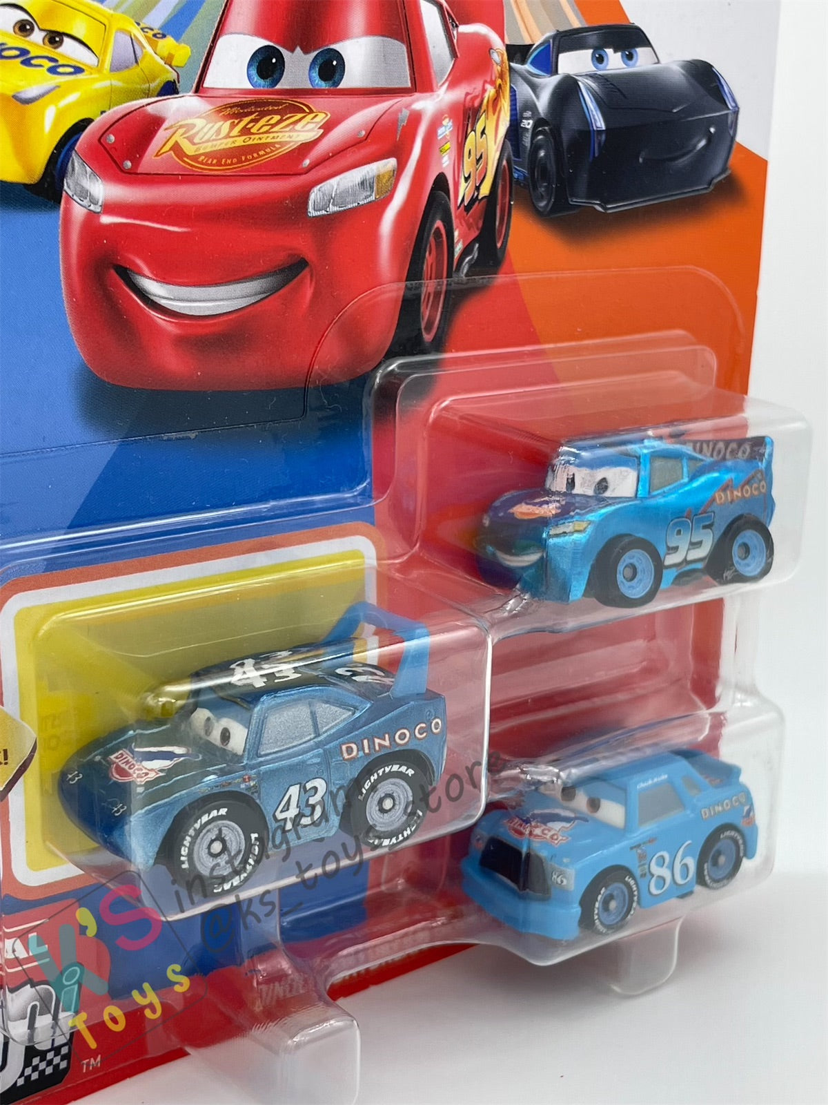 MINI RACERS DISNEY PIXAR CARS 3-PACK METALLIC STRIP WEATHERS "THE KING", METALLIC DINOCO LIGHTNING MCQUEEN, AND DINOCO CHICK HICKS - BNIP