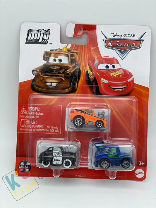 MINI RACERS DISNEY PIXAR CARS 3-PACK SNOT ROD, DJ AND SHERIFF - BNIP