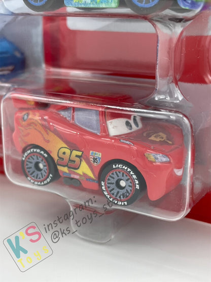 MINI RACERS DISNEY PIXAR CARS 3-PACK RAOUL CAROULE, LIGHTNING MCQUEEN WITH RACING WHEELS AND CARLA VELOSO - BNIP