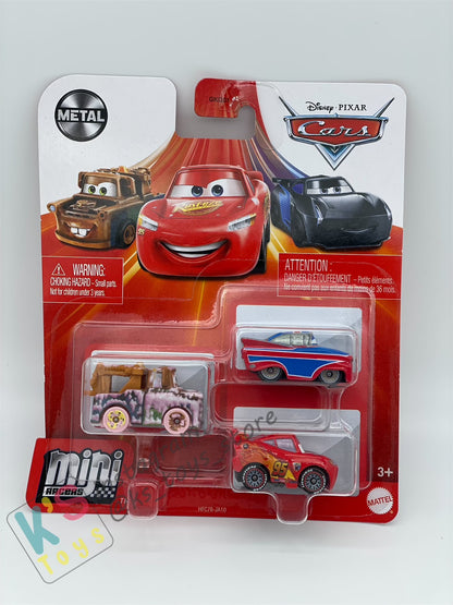 MINI RACERS DISNEY PIXAR CARS 3-PACK SOAPY MATER, LIGHTNING MCQUEEN WITH RACING WHEELS, AND UNION JACK RAMONE - BNIP