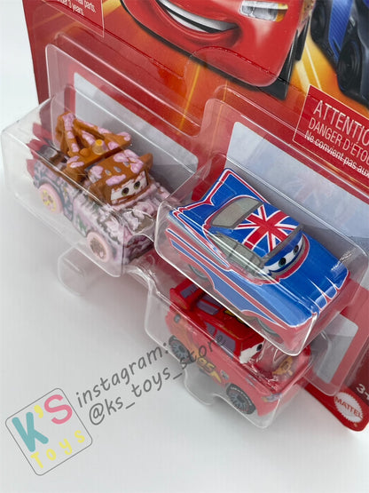 MINI RACERS DISNEY PIXAR CARS 3-PACK SOAPY MATER, LIGHTNING MCQUEEN WITH RACING WHEELS, AND UNION JACK RAMONE - BNIP